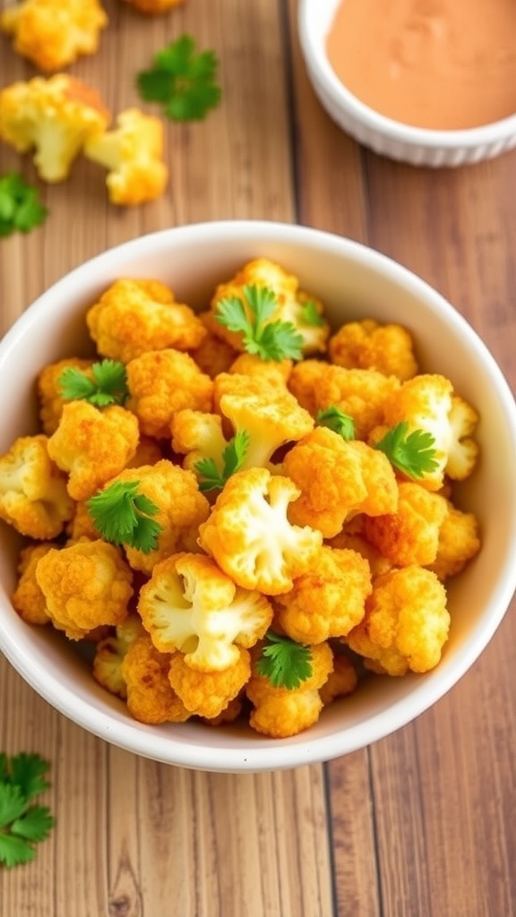 Crispy air fryer cauliflower bites garnished with parsley, served with dipping sauce on a rustic table.